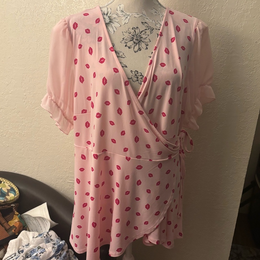 Blush Pink Lip Print Wrap Blouse